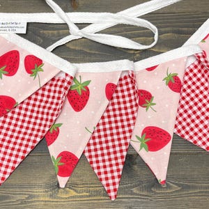 Strawberry Banner, Picnic Party Decor, Handmade Fabric Pennant Bunting, Country Kitchen Farmhouse, Triangle Flag Garland, Pink, Red Gingham