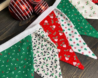 Bandeirinhas natalinas vintage, bandeirinhas triangulares de tecido, decoração para lareira, guirlanda natalina vermelha e verde, design escandinavo