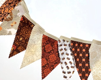 Thanksgiving Pennant Bunting, Fall Decoration, Autumn Decor, Woodland Bunting, orange brown, deer bear acorns pumpkins - you choose length
