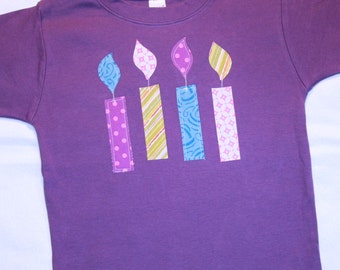 Birthday Candles Shirt, Girls 4th Birthday, Simple Design, pink green blue purple, short sleeve purple with candles - Any size and number
