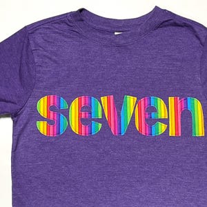 Rainbow Stripe Birthday Shirt, Girls 7th Birthday Seven, Rainbow Party, bright, colorful - purple short sleeve, custom size and number