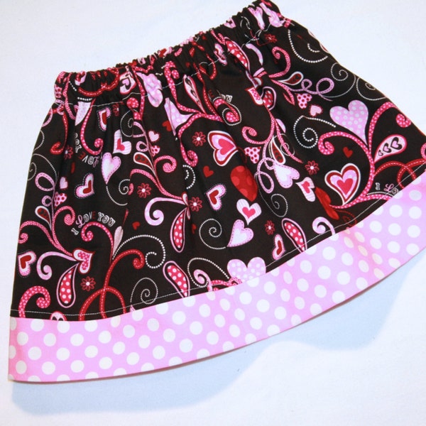 Girls Valentines Day Skirt, pink red black hearts polkadots swirls - size 4, toddler valentines skirt - Ready to Ship