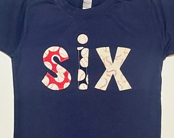 Baseball Birthday Shirt, Boys 6th Birthday SIX Shirt, Sports Birthday - navy short sleeve, baseballs in red white blue - Any size and number