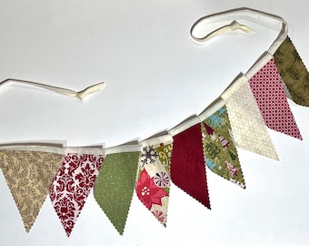 Christmas bunting, fabric banner, vintage red and green - 9 single sided flags total - Christmas trees branches poinsettas polkadots