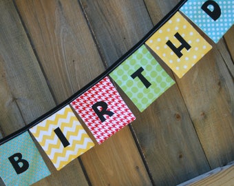 Primary Colors Happy Birthday Banner, Fabric Bunting, Red, Blue, Green, Yellow, Cloth Birthday Sign, Gender Neutral, boy, girl, handmade