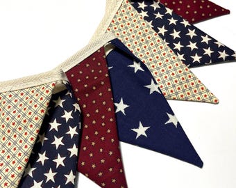 Banderines rústicos para el 4 de julio, decoración de tela vintage, 4 de julio, rojo, blanco y azul, estrellas primitivas, 9 banderas de doble cara