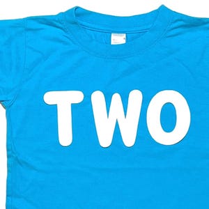 Kid&#39;s Simple Birthday T-Shirt, Gender Neutral, Handmade, White Fabric Lettering, Two Year Old, Heather Aqua, Custom B-Day Number and Size