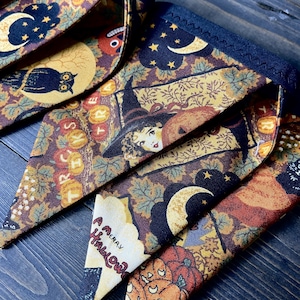 May include: Close-up of several Halloween-themed fabric pennants. The pennants feature various designs, including a witch, pumpkins, owls, moons, and stars. The text "A Merry Halloween" is visible on one pennant. The color palette includes orange, brown, and black.