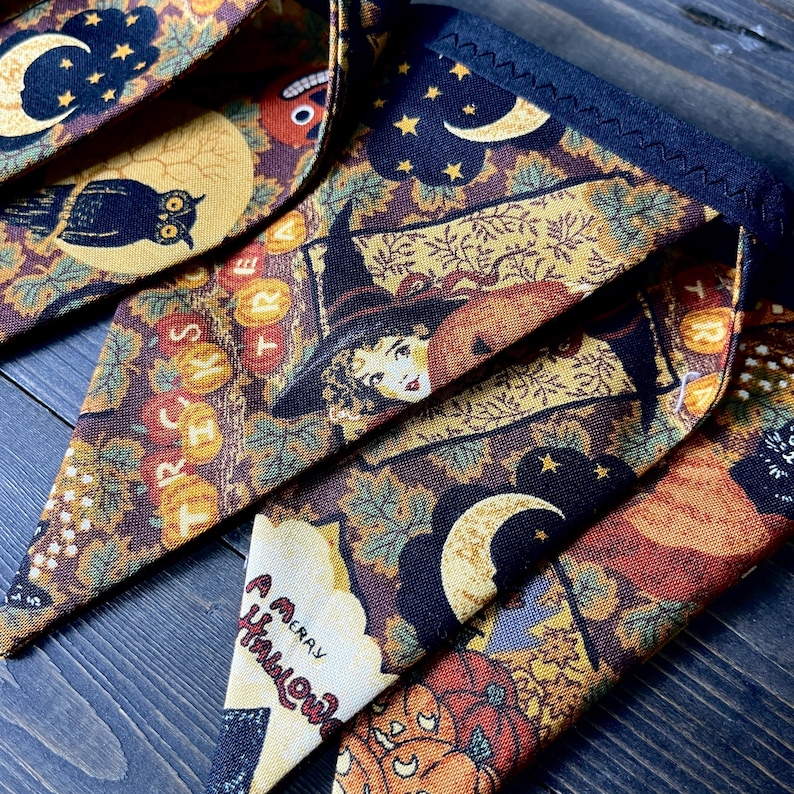 May include: Close-up of several Halloween-themed fabric pennants. The pennants feature various designs, including a witch, pumpkins, owls, moons, and stars. The text "A Merry Halloween" is visible on one pennant. The color palette includes orange, brown, and black.