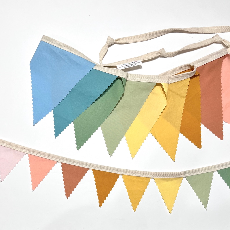 Puede incluir: Una pancarta de tela colorida con banderas triangulares en tonos de azul, verde, amarillo, naranja y rosa. La pancarta est&aacute; enhebrada en un cord&oacute;n de algod&oacute;n blanco.