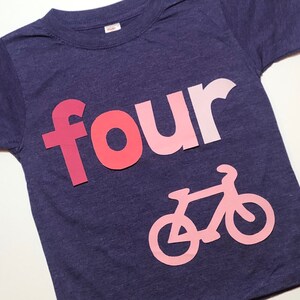 Bicycle Birthday Shirt, Girls FOUR shirt, 4th Birthday, Purple with Pink Ombré, Simple Birthday Shirt, You choose size and number image 4