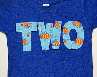 Fish Birthday Shirt, Boys TWO Shirt, Boys 2nd Birthday, Orange Aqua Blue, Fish Party, Ocean Birthday - you choose size and number