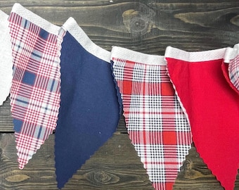 Red White Blue Plaid Bunting, Fabric Banner, 4th of July decoration, Summer BBQ picnic, wedding tent decor, triangle pennant garland