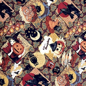 May include: A Halloween-themed fabric with a repeating pattern of witches, pumpkins, black cats, bats, and the text "Happy Halloween" and "Trick or Treat". The color palette includes shades of brown, orange, red, and black.