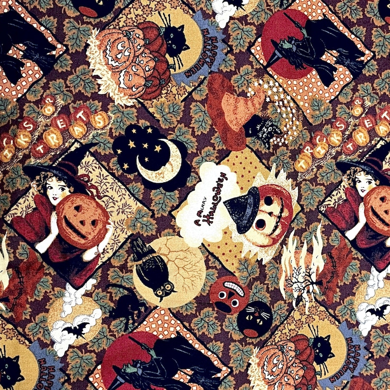 May include: A Halloween-themed fabric with a repeating pattern of witches, pumpkins, black cats, bats, and the text "Happy Halloween" and "Trick or Treat". The color palette includes shades of brown, orange, red, and black.