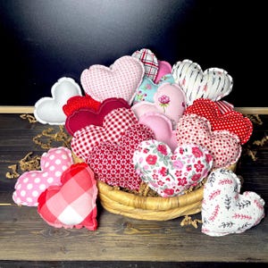 Valentines Day Fabric Hearts, Dough Basket Filler, Handmade, Sewn Decoration, Tiered Tray Decor, Primitive Farmhouse, Stuffed Plush Hearts