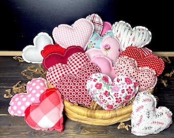 Valentines Day Fabric Hearts, Dough Basket Filler, Handmade, Sewn Decoration, Tiered Tray Decor, Primitive Farmhouse, Stuffed Plush Hearts