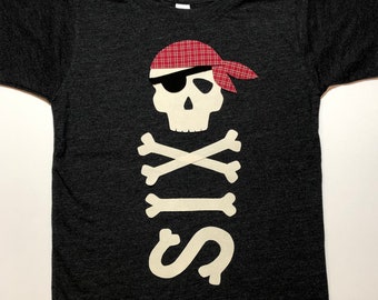 Pirate Birthday Shirt, Boys 6th Birthday Shirt, Boys Six Shirt, Pirate Party, Skull and Crossbones - red gray black white