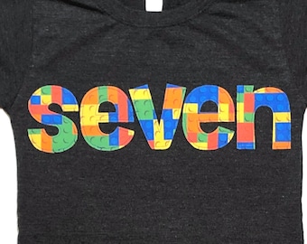 Boys Building Blocks Birthday Shirt, Construction Blocks, Building Bricks, lowercase lettering, Short sleeve, you choose size and number