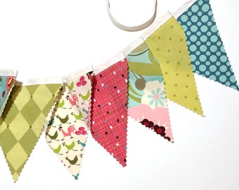 Spring pennant banner, farmhouse floral Easter decoration, girls birthday, nursery decor, triangle garland, pink, aqua, sage, green - 9 flag