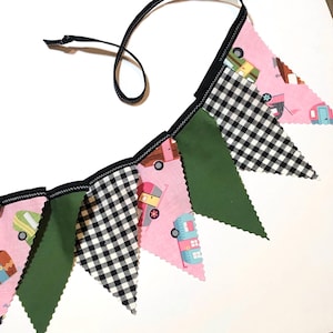 Camper bunting, Pink Green and Buffalo Check, fabric banner, triangle garland, Camping Party, Airstream Decor, Campsite Decor, 10 flags
