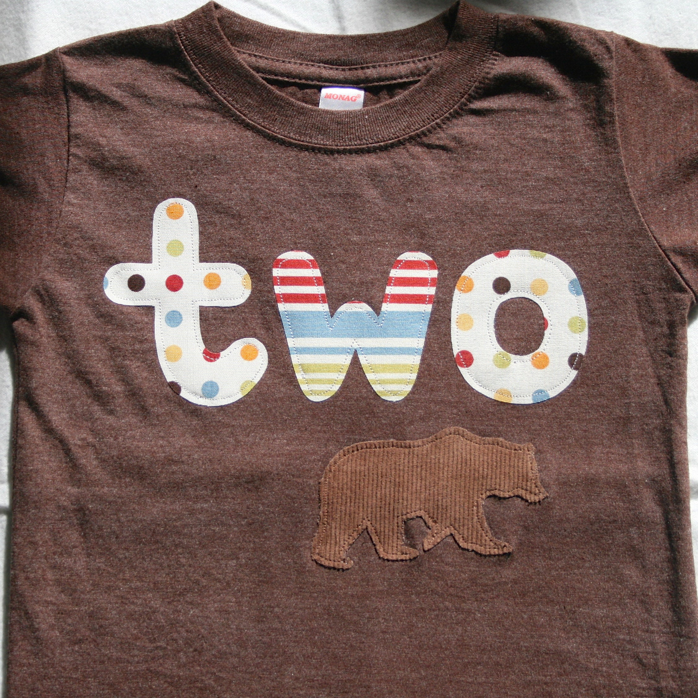 Brown Bear Birthday Shirt, Boys or Girls, Woodland Birthday, heather brown tshirt, primary colors, handmade, sewn, custom size and number