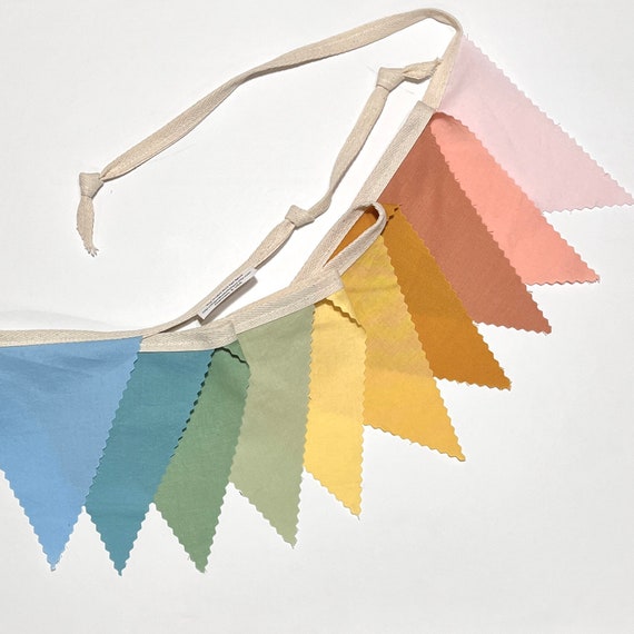 Boho rainbow pennant bunting, fabric banner, birthday garland, nursery decor, girls bedroom, muted pastel solids, 10 standard or mini flags