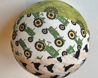 On the Farm Fabric Ball, Stuffed Cloth Ball, Jingle Bell Ball, Toddler Boy Gift, Yellow Green Tractors, Farm Animals Pig Chicken Cow