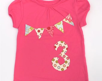 Girls 3rd Birthday Shirt, Pink Green Blue Birthday, Floral Birthday Shirt, Number 3 pennant shirt, Size 4 short sleeve shirt