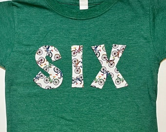 Boys Bicycle Birthday Shirt, Bike Birthday Shirt, Boys 6th Birthday SIX Shirt, short sleeve heather green, you choose size and number