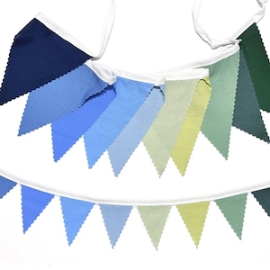Blue green pennant bunting, fabric banner, bedroom decor, nursery, baby boy shower decor, garland, solid colors, 10 flags, standard or mini