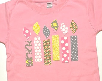 Girls Birthday Candle Shirt, Pink Yellow Gray Candles, Birthday Cake - Pink short sleeve shirt, you choose number of candles and shirt size