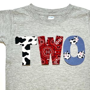 Farm Birthday Shirt, Barnyard Party T-shirt, Cow Print, Red Bandana, Boy, Girl, Two Year Old, handmade, sewn fabric letters, custom number