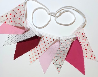 Valentines Day Decor, Pennant Bunting, Valentines Garland, fabric pennant banner, red pink white black,  9 flags