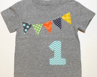 Boys 1st Birthday Shirt, Pennant Shirt, Number 1 Shirt Boy, simple birthday shirt, gray aqua orange lime navy blue - short sleeve