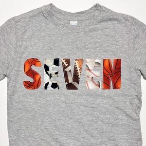 Boys Sports Birthday Shirt, SEVEN Shirt, basketball, soccer, football, baseball, game day, heather gray short sleeve, custom number and size