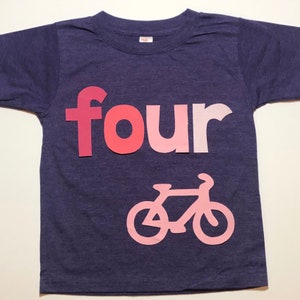 Bicycle Birthday Shirt, Girls FOUR shirt, 4th Birthday, Purple with Pink Ombré, Simple Birthday Shirt, You choose size and number image 5