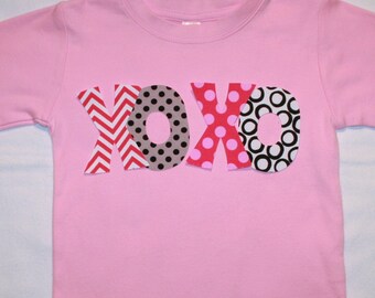 Girls Valentines Day Shirt, XOXO Shirt - Pink in sizes 12-18, 2, 4, 6, 8, 10 long and short sleeve, pink black gray