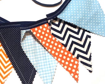Orange Blue Pennant Bunting, handmade fabric banner, boys bedroom, nursery decor, birthday decoration, orange, navy, light blue, 9 flags