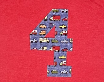 Transportation Birthday Shirt, Boys Birthday Number Shirt, Car Truck Bus Semi, Short Sleeve Heather Red, you choose size & number 1 2 3 4 5