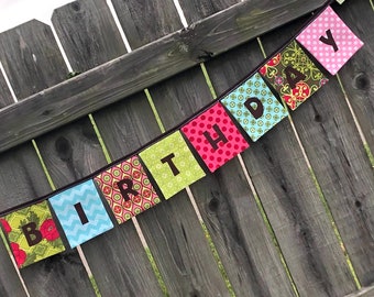 Letrero de FELIZ CUMPLEAÑOS, Decoración para fiesta de cumpleaños de niñas, Letrero de tela reutilizable, Rosa, Verde lima, Azul aguamarina, Hecho a mano, Brillante, Alegre, Floral