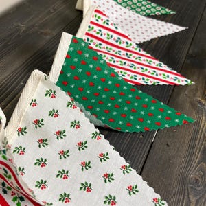 Vintage Christmas bunting, fabric triangle banner, fireplace mantle decor, red green holiday garland, trees, holly, scandi design, 8 flags