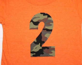 Boys Orange Camo Birthday Shirt, Number 2 Shirt, Boys 2nd Birthday Shirt, Hunting Birthday, orange with green tan brown -any size and number