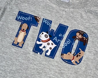 Puppy Dog Birthday Shirt, Puppy Party, Boys Birthday Shirt, TWO Shirt for 2nd Birthday, blue brown red - Short sleeve, any size and number