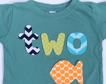 Goldfish Birthday Shirt, Boys TWO Shirt, Boys 2nd Birthday Shirt, Beach Party - Size 2 short sleeve, navy blue, sage green, aqua, orange