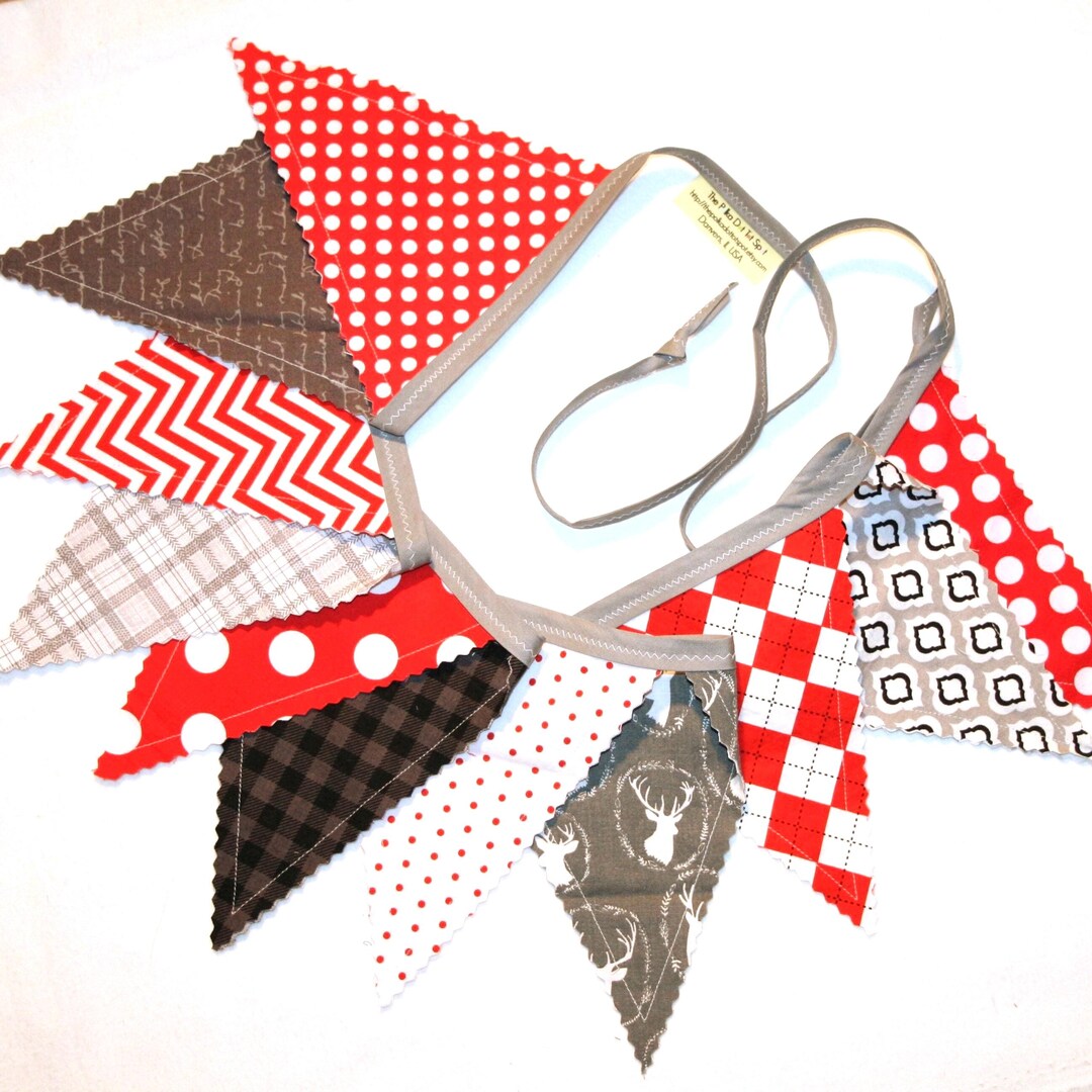 Red White Gray Christmas Pennant Bunting, Handmade Fabric Banner ...