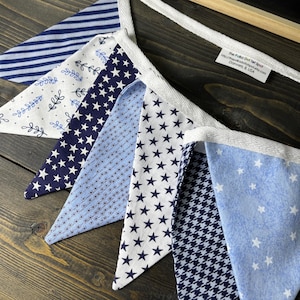 Patriotic Blue White Fabric Pennant Bunting, Handmade Banner, Primitive Farmhouse Decor, Vintage Country Flag Garland, Stars and Stripes