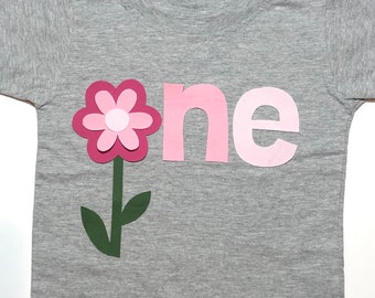 Floral Birthday Shirt, Girls 1st Birthday Shirt, Girls ONE Shirt, Pink Ombre Birthday Shirt - 12-18 month short sleeve heather gray