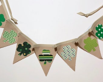 St Patricks Day Decor, Pennant Bunting, Fabric Banner, green tan black white, shamrock bunting, 7 single sided flags total