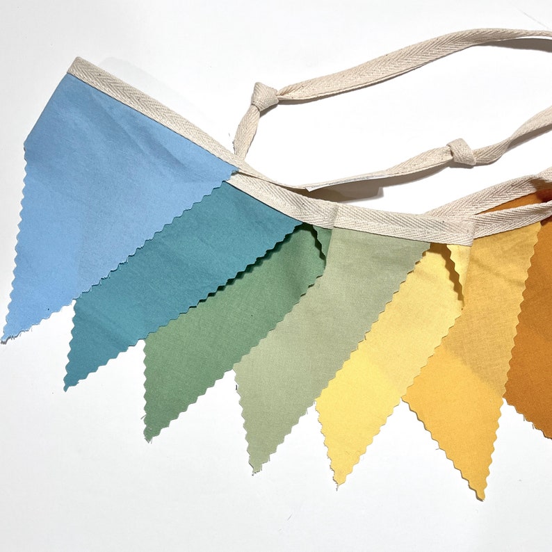 Puede incluir: Una guirnalda de tela colorida con siete banderas triangulares. Las banderas son en tonos de azul, verde, amarillo y naranja. La guirnalda est&aacute; enhebrada con cuerda blanca.